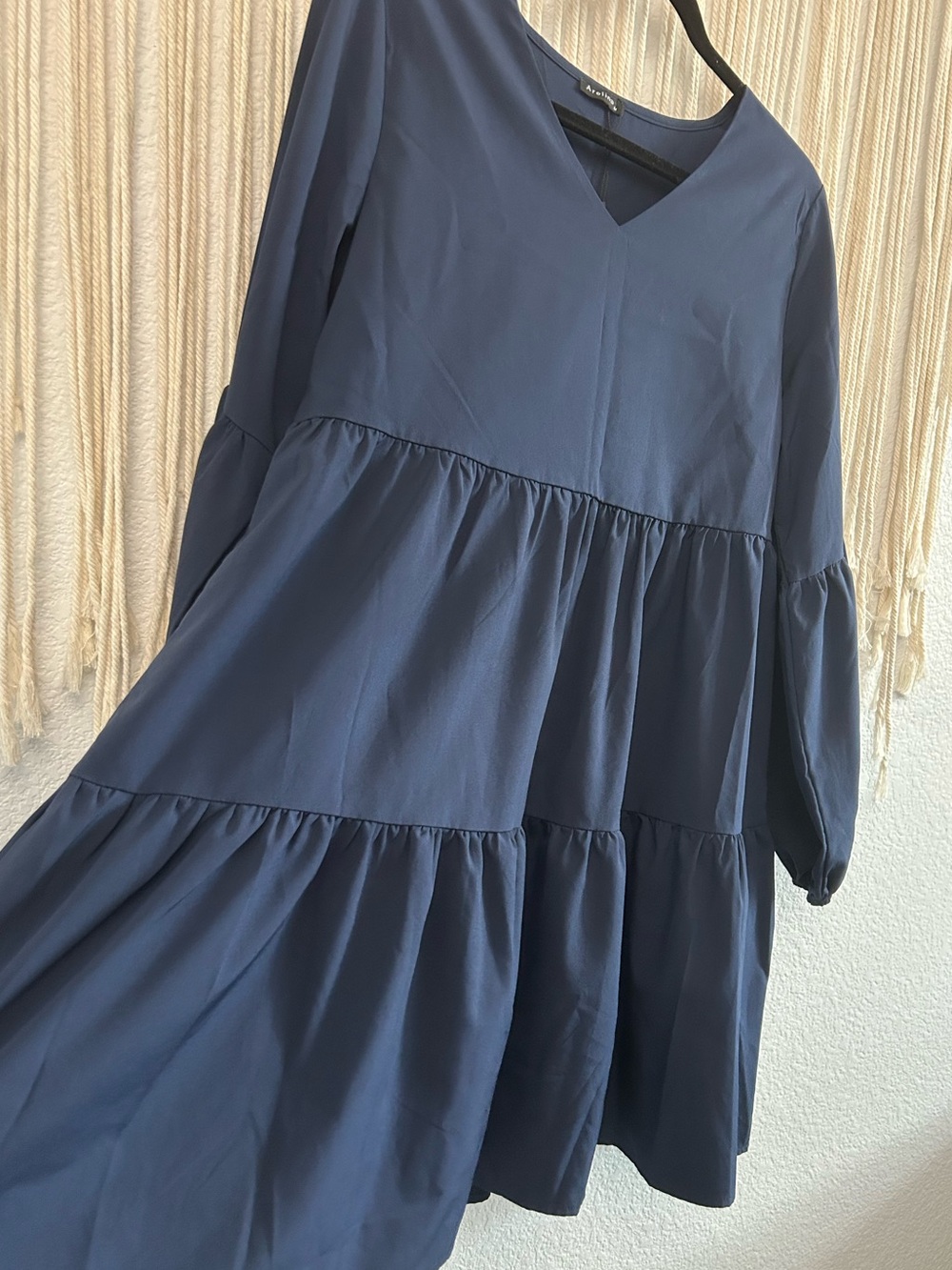 Navy Blue Tiered Babydoll Mini Dress Puff Sleeve Boho Cottagecore V Neck - Picture 11 of 14